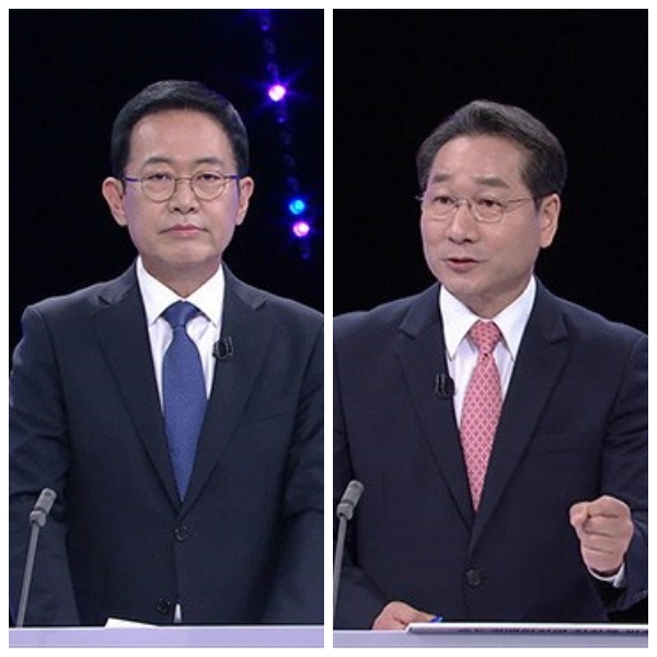 6·1 지방선거 인천시장 후보인 더불어민주당 박남춘 후보〈왼쪽〉와 국민의힘 유정복 후보. 지난11일 KBS에서 열린 '인천시장 후보 초청 토론회' 모습.