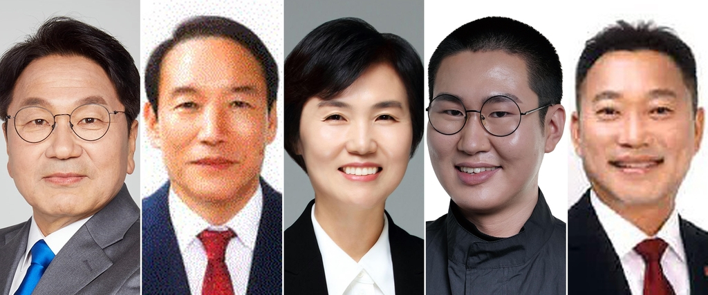 광주시장 후보군 왼쪽부터 더불어민주당 강기정, 국민의힘 주기환, 정의당 장연주, 기본소득당 문현철, 진보당 김주업