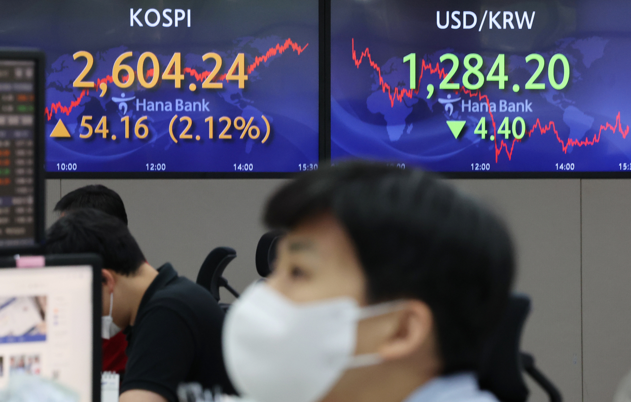 서울 외환시장에서 원달러 환율은 4.4원 내린 달러당 1284.2원으로 거래를 마쳤다. 사진은 13일 오후 서울 중구 을지로 하나은행 본점 딜링룸.[연합]