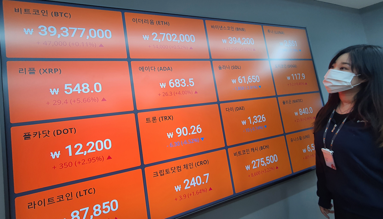 13일 서초구 빗썸 고객센터 모습. 한국산 가상화폐 루나와 자매 스테이블 코인 테라USD(UST) 폭락으로 전 세계 가상화폐 시장이 흔들리고 있다. 비트코인은 9개월여 만에 4천만원 아래로 떨어졌다. [연합]