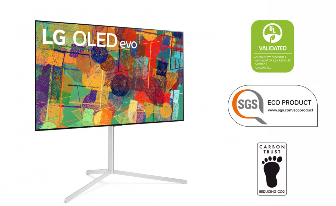 LG 올레드 에보가 획득한 UL ECV, SGS 친환경 인증, 카본트러스트 탄소저감 환경마크.[LG전자 제공]