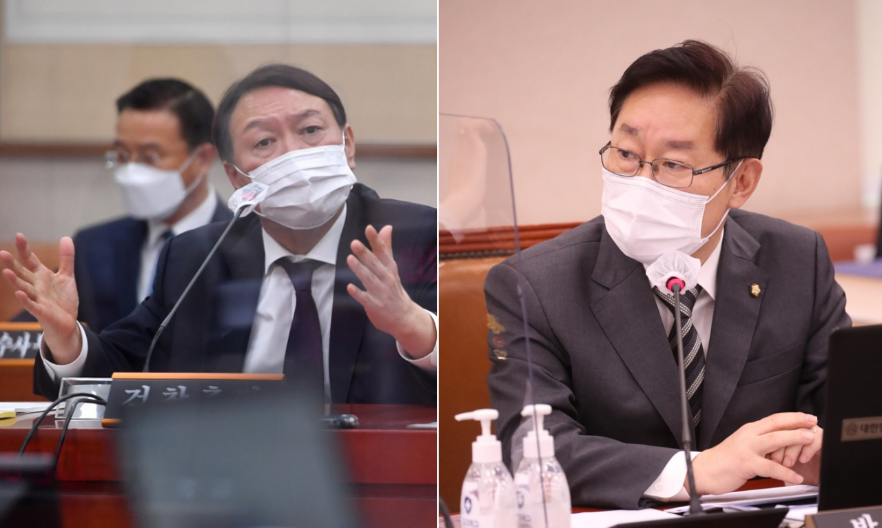 윤석열 검찰총장이 지난 2020년 서울 여의도 국회 법제사법위원회에서 열린 대검찰청 국정감사에서 더불어민주당 박범계 의원과 언쟁하고 있다. [연합]