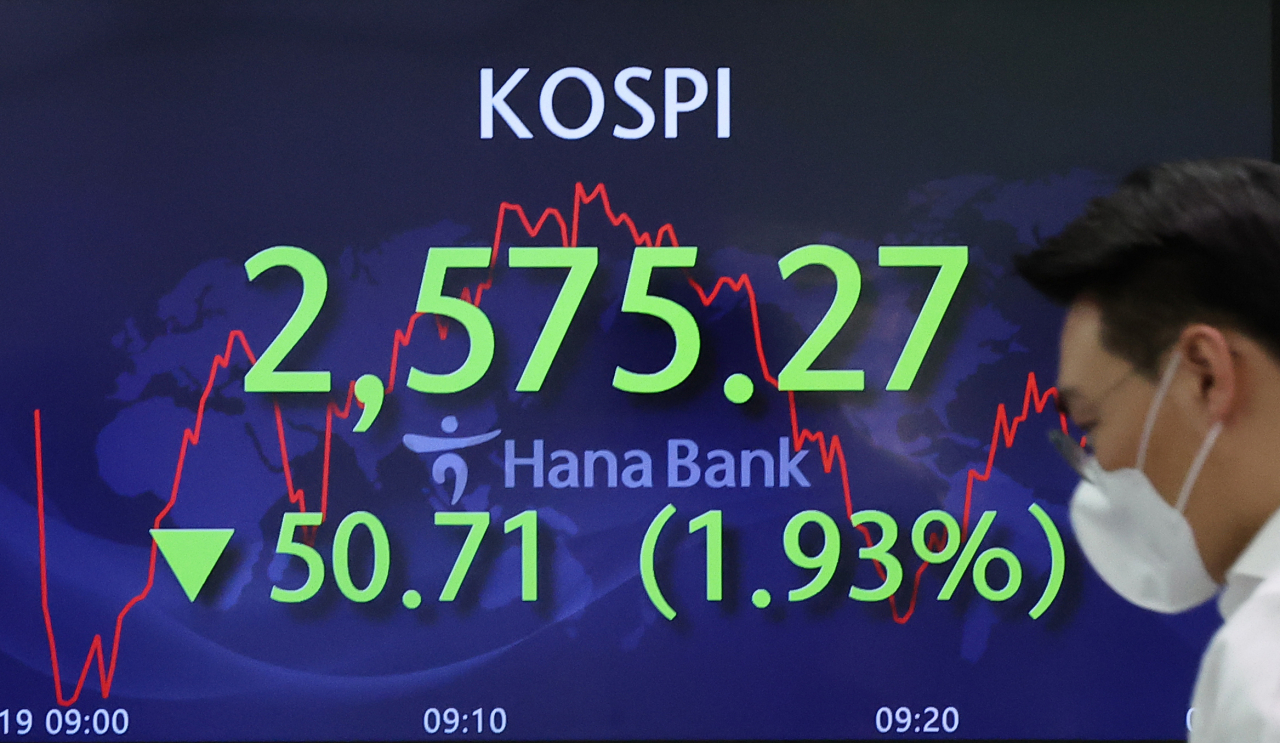An electronic board showing the Korea Composite Stock Price Index (Kospi) at a dealing room of the Hana Bank headquarters in Seoul on Thursday. (Yonhap)