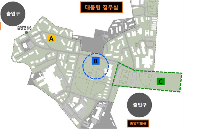용산공원의 일부 부지 개방 구간. A 신용산역 인근 장군 숙소·B 대통령 집무실 남측 공간·C 스포츠필드 [국토교통부 제공]