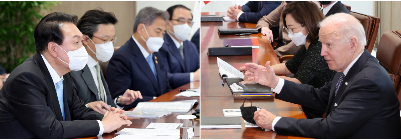 윤석열 대통령과 조 바이든 미국 대통령이 21일 오후 용산 대통령실 청사에서 확대 정상회담을 하고 있다. [연합]