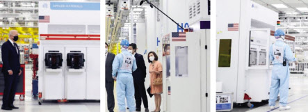 지난 20일 조 바이든 미국 대통령이 윤석열 대통령과 함께 이재용 삼성전자 부회장의 안내를 받으며 시찰한 삼성전자 공장 안에 미국 성조기가 붙은 반도체 장비들이 놓여 있다. (왼쪽부터) 어플라이드머티어리얼즈, KLA, 램리서치 장비의 모습. [연합]