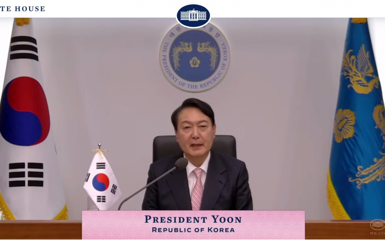 윤석열 대통령이 23일 인도태평양 경제프레임워크(IPEF) 정상회의에서 발언하고 있다. [백악관 라이브 갈무리]