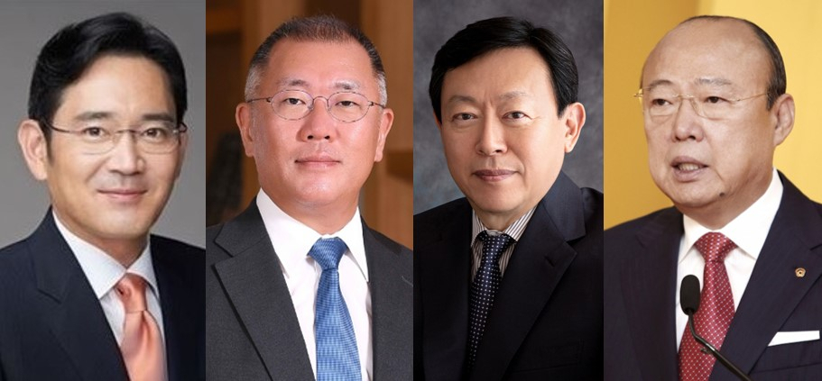 (왼쪽부터)이재용 삼성전자 부회장, 정의선 현대차그룹 회장, 신동빈 롯데그룹 회장, 김승연 한화그룹 회장. [각 사 제공]