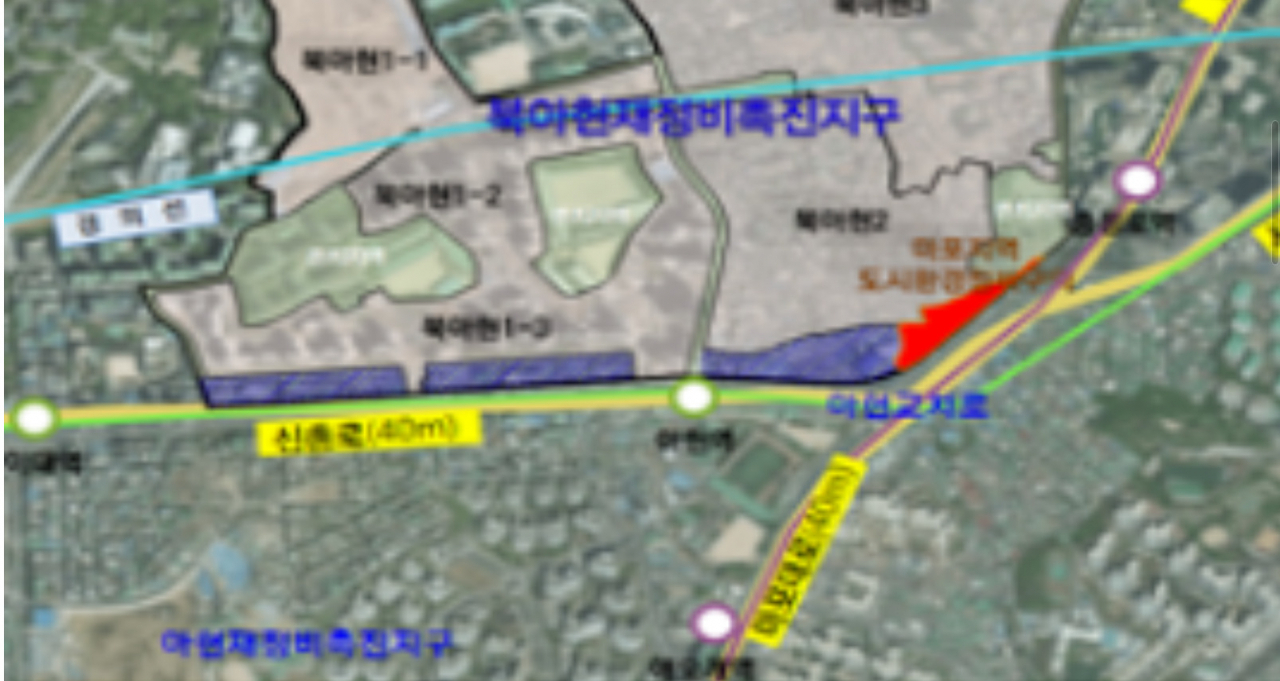 붉은색으로 표시된 마포로4구역은 북아현재정비촉진지구에서 제척된다. [서울시 제공]