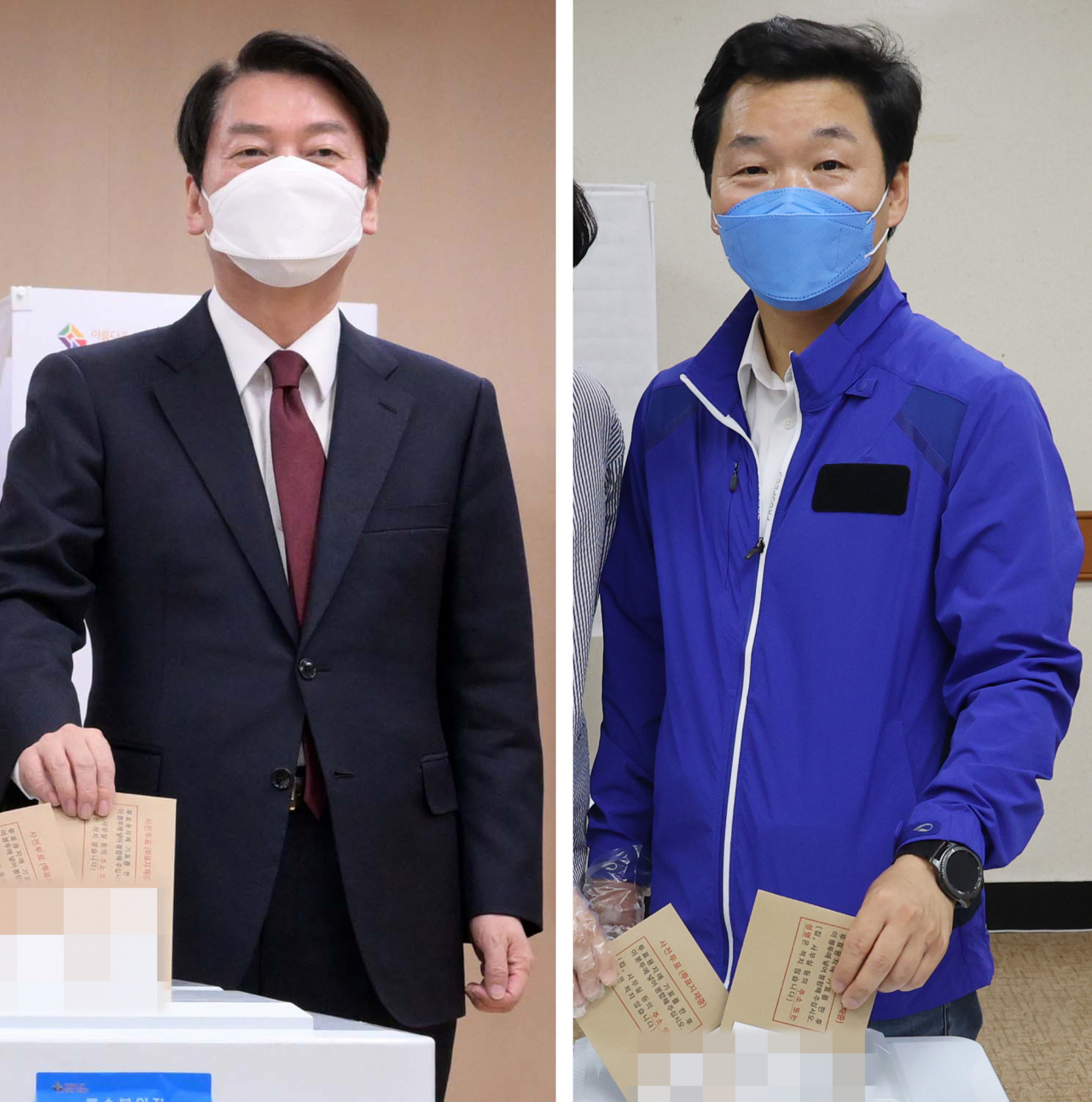 더불어민주당 김병관 성남 분당갑 국회의원 후보(오른쪽)와 국민의힘 안철수 국회의원 후보가 제8회 전국동시지방선거 사전투표 첫날인 27일 오전 경기 성남시 사전투표소에서 투표하고 있다. [연합]