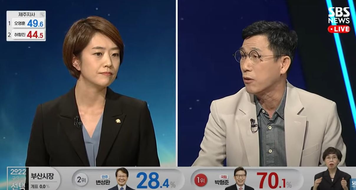 1일 SBS 지방선거 개표방송에 출연한 고민정 의원과 진중권 전 교수. [SBS]