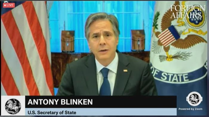 US Secretary of State Antony Blinken is seen delivering remarks from his office in Washington on June 1, 2022 in a virtual event marking the 100th anniversary of the establishment of Foreign Affairs magazine in this image captured from the department's website. (Yonhap)
