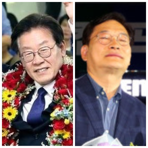 인천 계양을 국회의원 보궐선거에서 승리한 더불어민주당 이재명 당선인과 서울시장에서 패배한 송영길 전 당대표〈사진 왼쪽부터〉