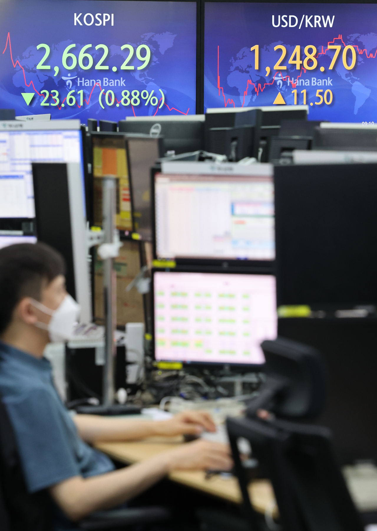 원/달러 환율은 11.6원 오른 1248.8원으로 개장했다. 사진은 이날 명동 하나은행 본점 딜링룸 모습. [연합]