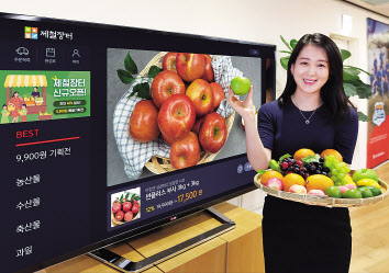 LG헬로비전 관계자가 지역채널 커머스 방송에 소개된 지역음식을 구매할 수 있는 ‘제철장터 TV몰’을 소개하고 있다.