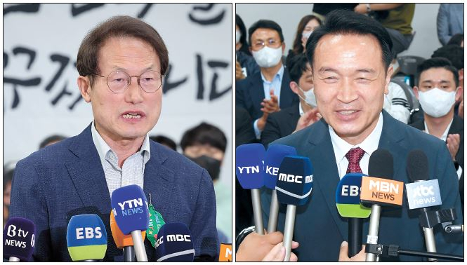 전국동시지방선거 서울교육감선거에서 3선에 성공한 조희연(왼쪽) 당선인과 경기도교육감선거 임태희 당선인이 2일 새벽 각각 서울 서대문구 후보자 사무실과 경기도 수원시 영통구 선거사무소에서 지지자들의 축하를 받으며 당선 소감을 말하고 있다. [연합]