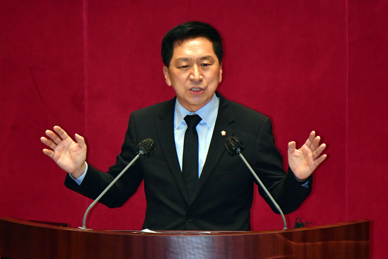 김기현 국민의힘 의원이 20일 국회 본회의에서 자신의 징계안에 대한 변명 발언을 하고 있다. [연합]