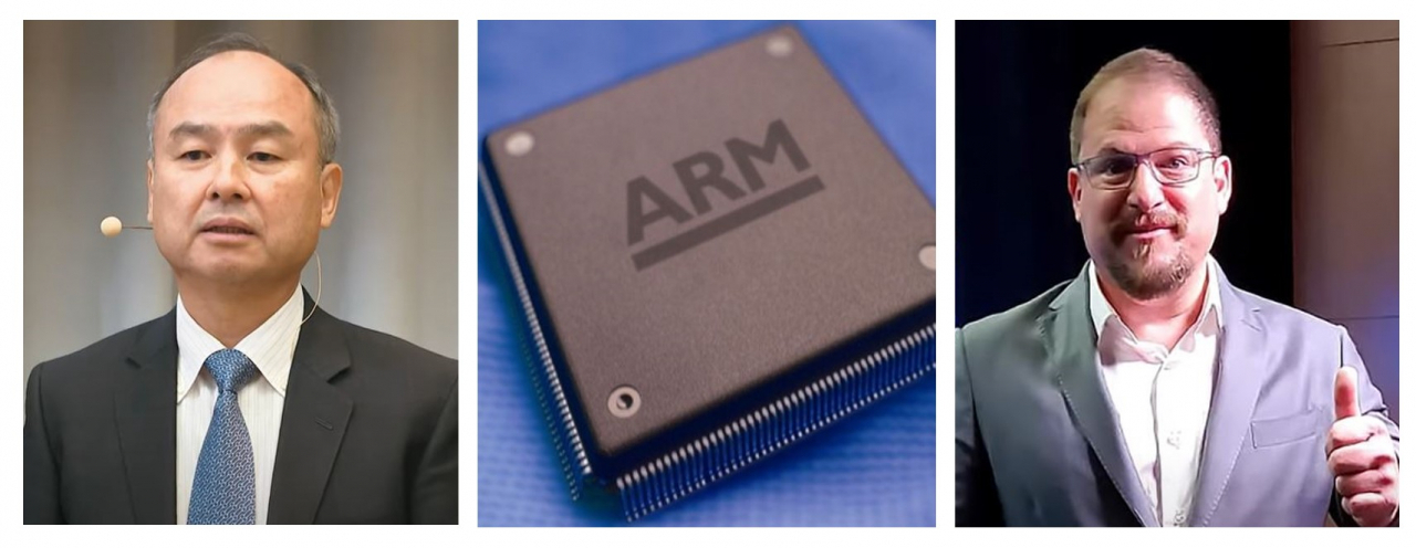 (왼쪽부터)손정의 소프트뱅크 회장, ARM 관련 이미지칩, 크리스티아노 아몬 퀄컴 CEO[유튜브 등 캡처]