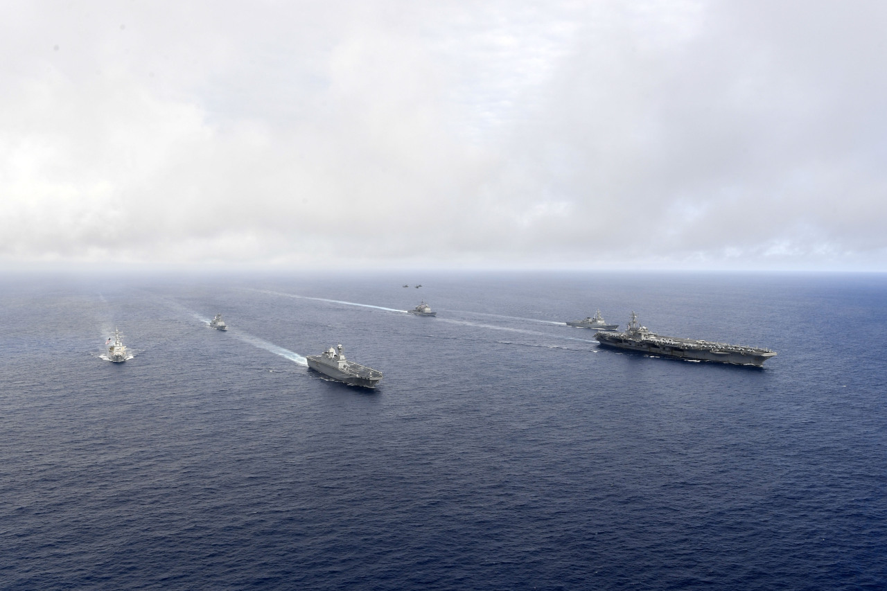 The US Navy‘s nuclear-powered supercarrier USS Ronald Reagan (CVN 76) and its strike group take part in the bilateral military exercises with the  South Korean Navy’s fleet between Thursday and Saturday in the international waters southeast of the island prefecture of Okinawa, Japan. (South Korea's Joint Chiefs of Staff)