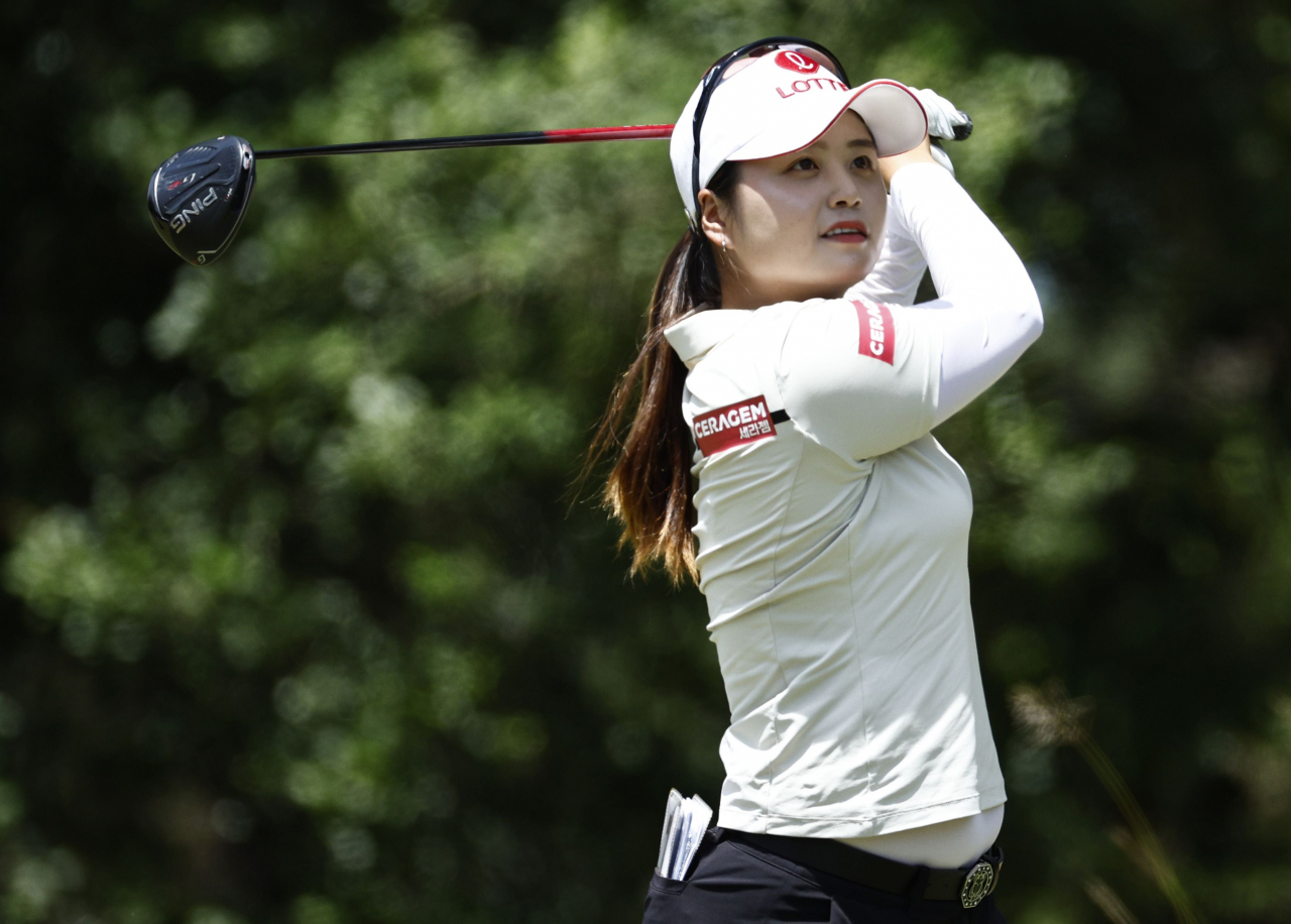 In this Getty Images photo, Choi Hye-jin of South Korea tees off on the second hole during the final round of the US Women's Open at Pine Needles Lodge & Golf Club in Southern Pines, North Carolina, on Sunday. (Getty Images)
