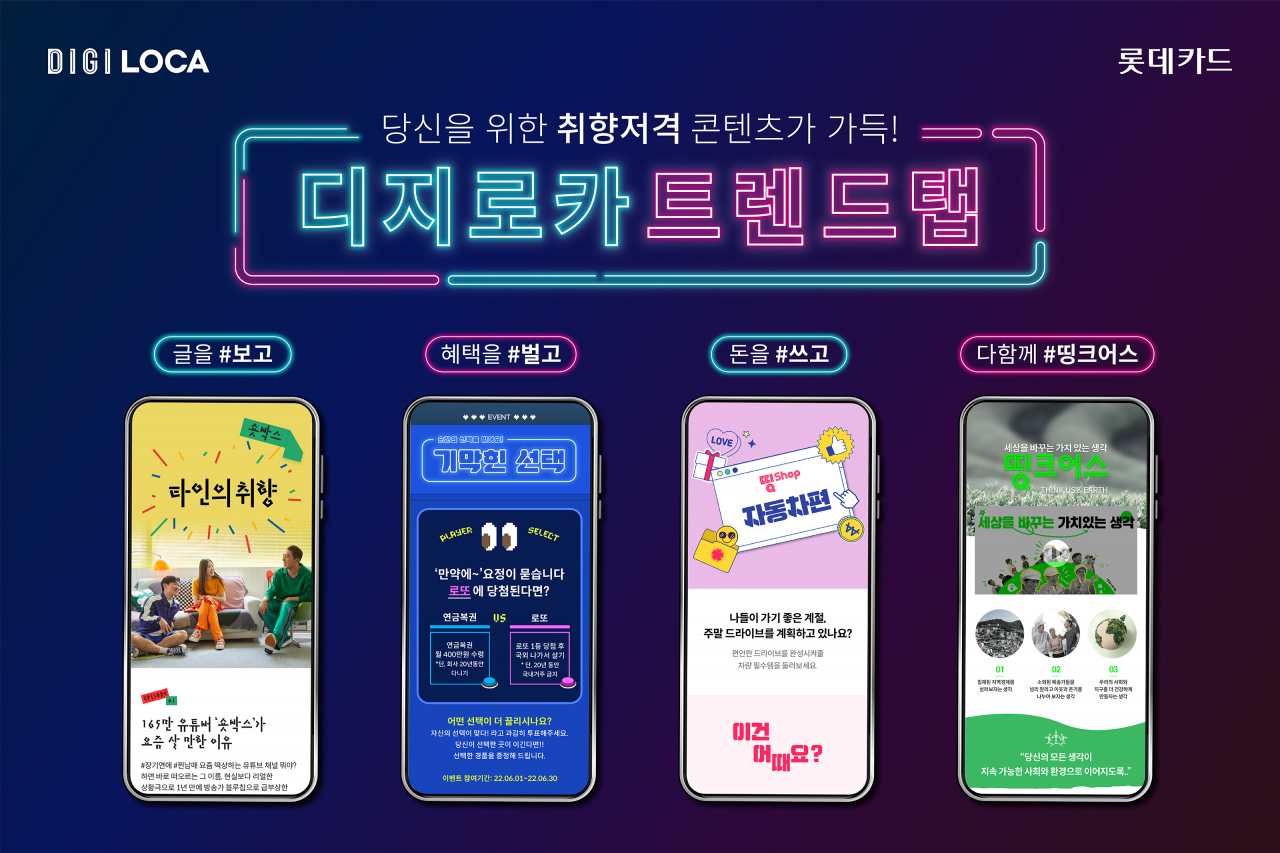 롯데카드가 디지로카앱에 유용한 소비정보와 할인혜택, 트렌디한 상품 정보를 고객 맞춤형으로 추천해주는 콘텐츠 큐레이션 서비스 ‘트렌드(TREND)’탭을 오픈했다. 트렌드탭은 ▷글을 보고 ▷혜택을 벌고 ▷돈을 쓰고 ▷다함께 띵크어스의 4개 카테고리 콘텐츠로 제공한다. 각 카테고리별 대표 콘텐츠로 구성된 트렌드탭 이미지.[롯데카드 제공]