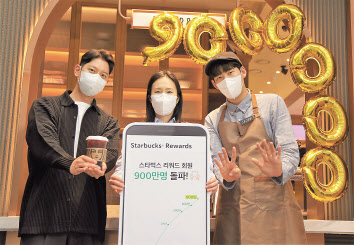 스타벅스코리아 직원들이 스타벅스 리워드 회원 900만명 돌파 팻말을 들고 기념사진을 찍고 있다. [스타벅스코리아 제공]