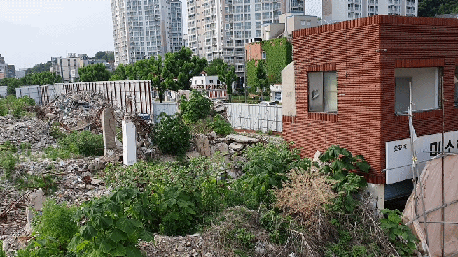 미용실이 있던 붉은색 건물 바로옆이 철거 현장이다. 공사중지 명령이 내려진 철거현장은 콘크리트 잔해와 붉게 산화된 철골, 자갈, 잡초만이 무성하다. 서인주 기자