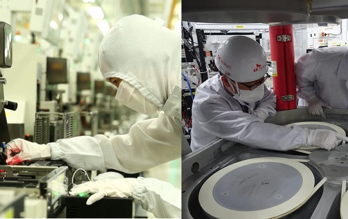 작업 중인 삼성전자 반도체 직원(왼쪽)과 SK하이닉스 직원. [삼성전자·SK하이닉스 제공]