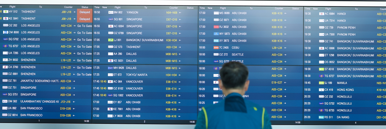 코로나19 확산으로 축소됐던 인천국제공항 국제선 운항이 정상화된 8일 오후 인천국제공항 제1여객터미널 출국장 스크린에 비행 스케줄이 표시돼 있다. [연합]