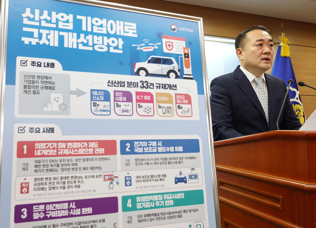 김달원 국무조정실 규제혁신기획관이 13일 오전 정부세종청사에서 신산업 기업애로 규제개선방안과 관련해 브리핑하고 있다.[연합]
