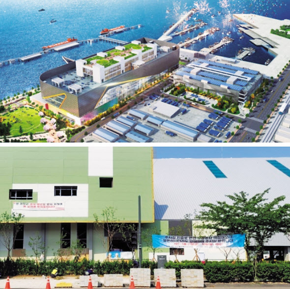 인천 내항 재개발 사업의 첫 프로젝트인 ‘상상플랫폼’조성사업이 공사비 문제 등으로 차질을 빚고 있다. 공정률 90%가 진행된 현장에 유치권 행사 플래카드가 붙어 있다. 이홍석 기자