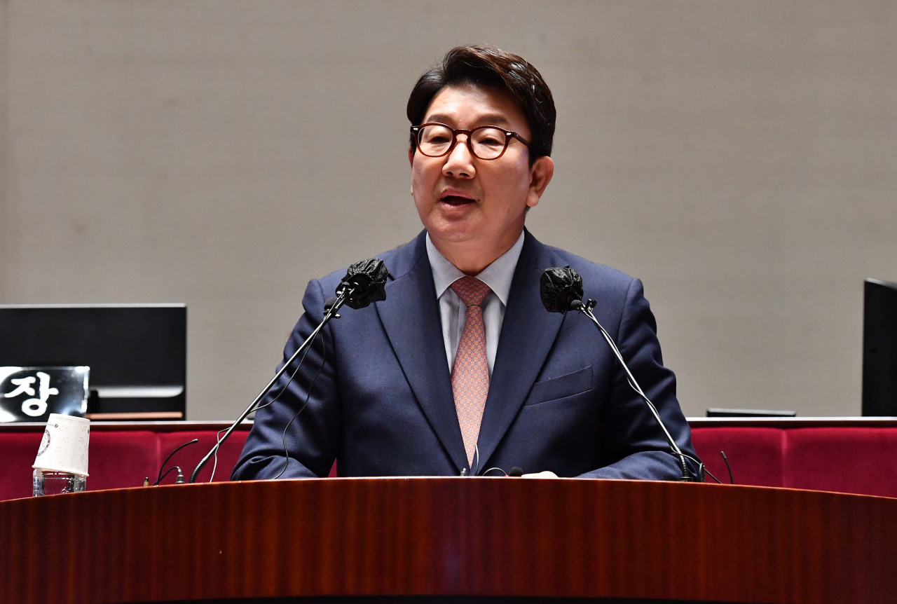 국민의힘 권성동 원내대표가 14일 서울 여의도 국회에서 열린 국민의힘 의원총회에서 발언하고 있다.[연합]