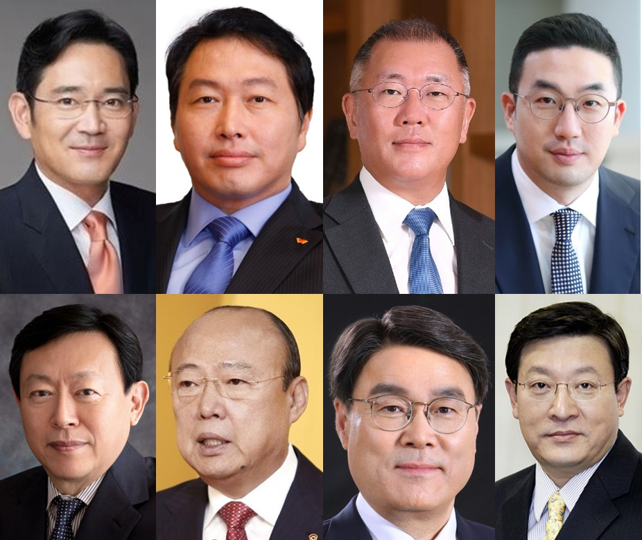 (왼쪽부터 시계방향으로) 이재용 삼성전자 부회장, 최태원 SK그룹 회장, 정의선 현대차그룹 회장, 구광모 LG그룹 회장, 허태수 GS그룹 회장, 최정우 포스코 회장, 김승연 한화그룹 회장, 신동빈 롯데그룹 회장. [각 사 제공]