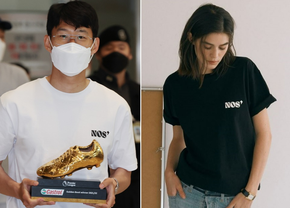 지난달 24일 ‘NOS7’ 로고가 적힌 티셔츠를 입고 귀국한 손흥민 선수(왼쪽)와 ‘NOS7’ 인스타그램에 올라온 모델 사진. [연합]