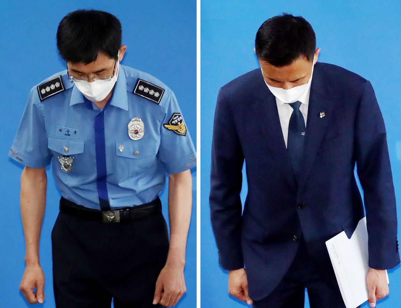 박상춘(왼쪽) 인천해양경찰서장과 윤형진 국방부 정책기획과장이 지난 16일 오후 인천시 연수구 인천해양경찰서에서 각각 '서해 공무원 피격사건' 최종 수사 결과 브리핑과 추가 설명을 마친 뒤 취재진을 향해 인사하고 있다. [연합]