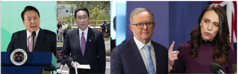 (왼쪽부터) 윤석열 한국 대통령, 기시다 후미오 일본 총리, 앤서니 알버니즈 호주 대통령, 저신다 아던 뉴질랜드 총리. [AP, AFP, 연합]