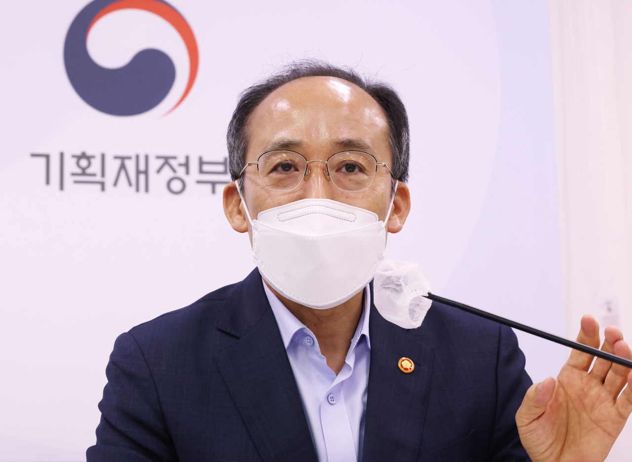 Finance Minister Choo Kyung-ho, who doubles as the deputy prime minister for economic affairs, speaks during a press conference at the government complex in Sejong, central South Korea, on Monday. (Yonhap)