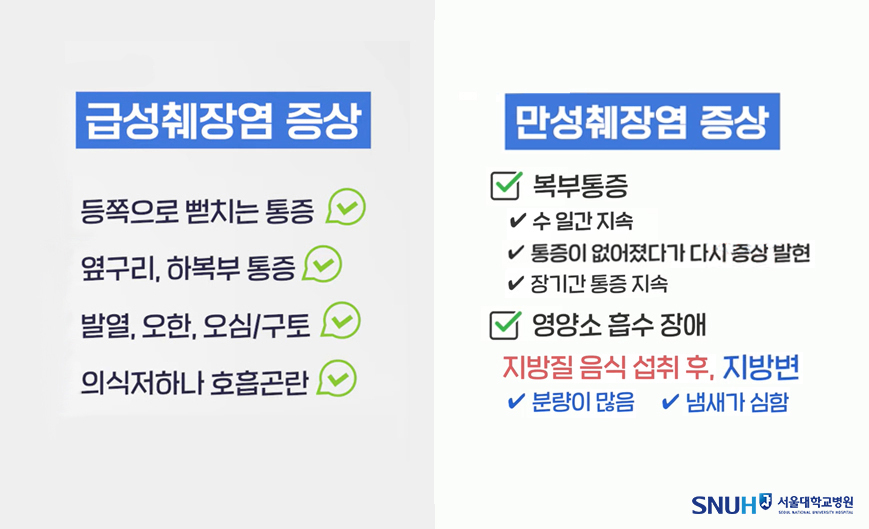 급성, 만성 췌장염 증상 비교.