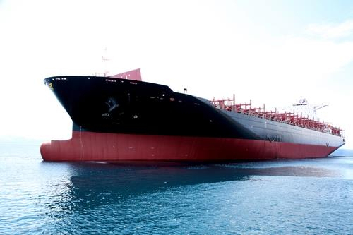This photo provided by HJ Shipbuilding & Construction Co. on Thursday, shows a container carrier built by the shipyard. (HJ Shipbuilding & Construction Co.)