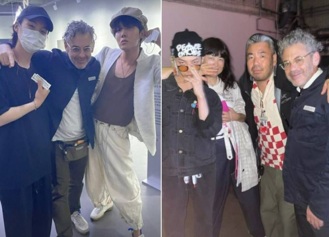 톰 삭스(왼쪽 사진 가운데)가 '하이브 인사이트'에서 열린 자신의 전시회를 찾은 연예인들과 함께 찍은 사진을 게시했다. 왼쪽 사진 톰 삭스가 방탄소년단 슈가(왼쪽), 제이홉(오른쪽)과 어깨동무를 하고 있는 모습, 오른쪽 사진은 톰 삭스(맨 오른쪽)가 지드래곤(맨 왼쪽), 전시 관계자들과 함께하는 모습. [인스타그램]