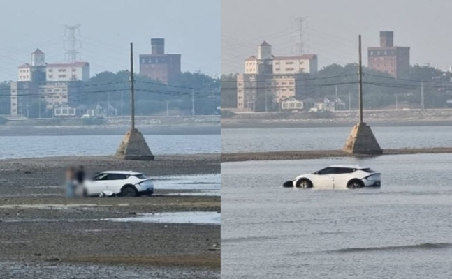 지난 6일 20대로 추정되는 한 커플이 갯벌에 렌트한 전기차를 끌고 들어갔다가 밀물에 고립됐다. 사진 속 차량은 지난해 출시된 기아 EV6 모델. [자동차 커뮤니티 갈무리]