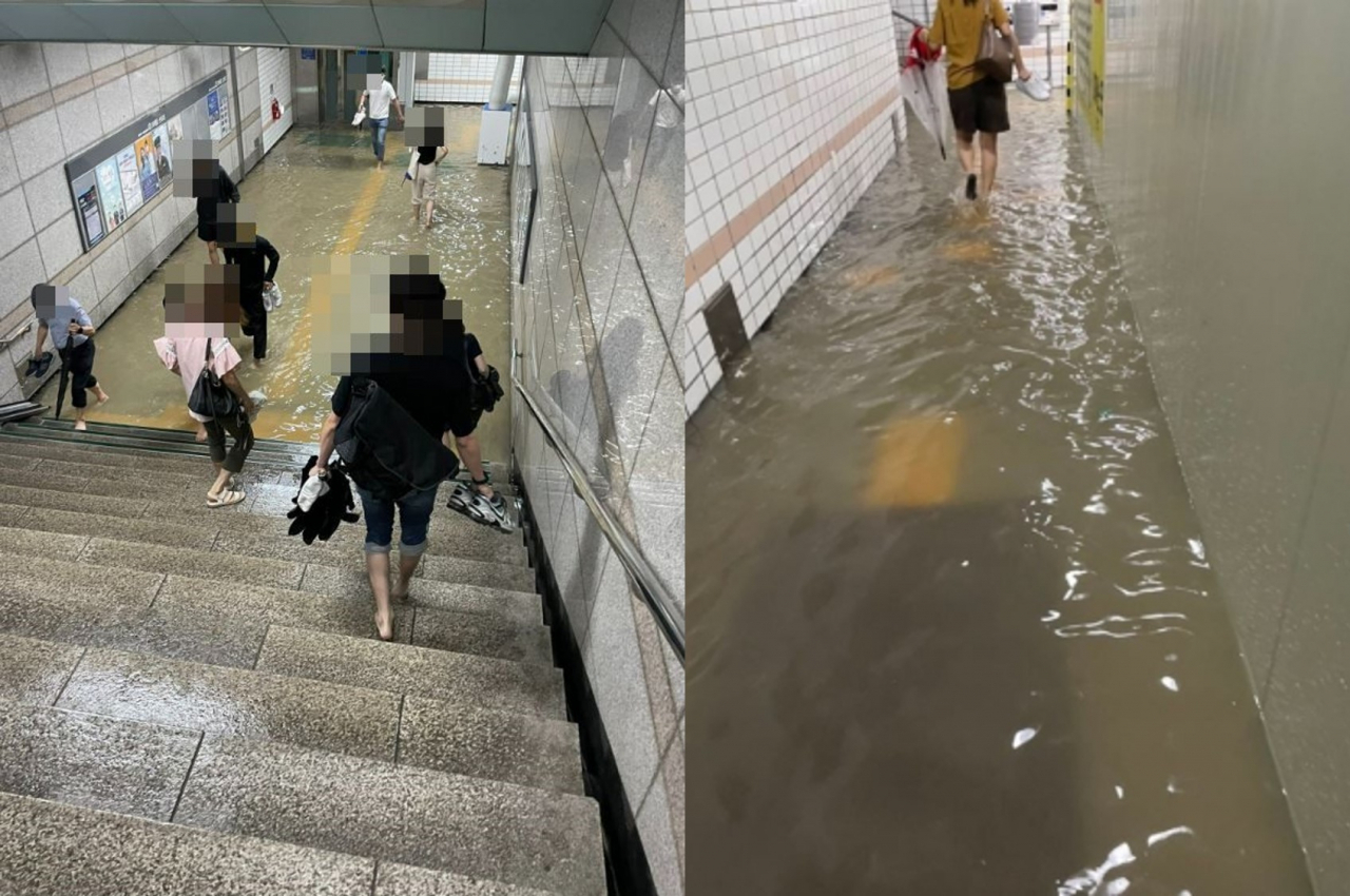 폭우로 침수된 지하철역을 직장인들이 뚫고 출근하는 모습. [트위터]