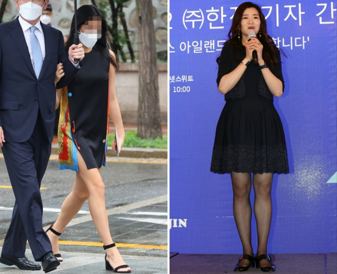 이재용 삼성전자 부회장이 27일 정의선 현대차그룹 회장 장녀 진희씨 결혼식이 열리는 서울 중구 정동교회로 딸과 함께 들어가고 있다(좌) [연합] 조현민 한진 미래성장전략 및 마케팅총괄 사장이 28일 서울 중구 롯데호텔에서 열린 메타버스 '한진 로지버스 아일랜드' 오픈 기념 기자간담회에 참석, 인사말을 하고 있다(우), [연합]