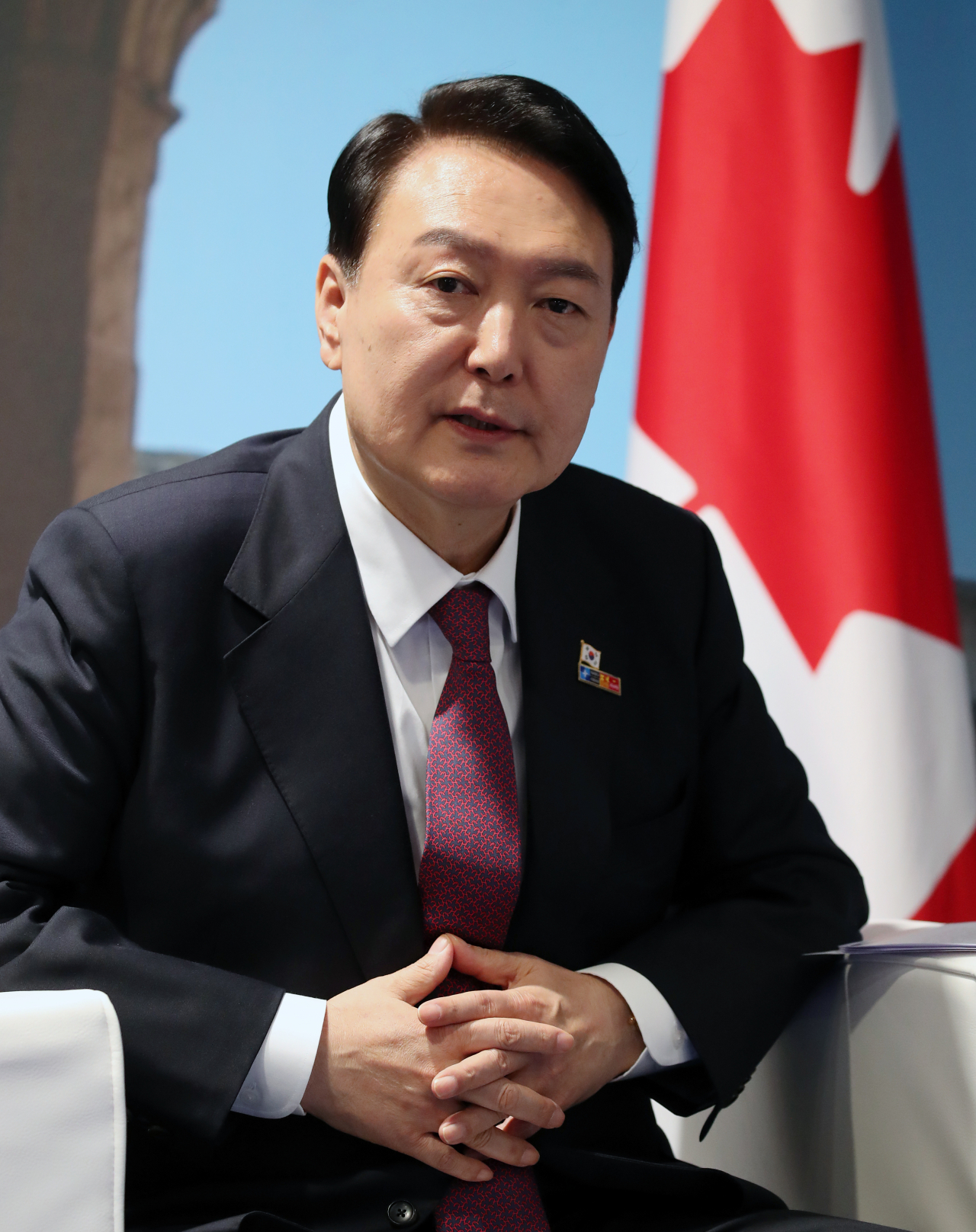 북대서양조약기구(NATO·나토) 정상회의 참석차 스페인 마드리드를 방문 중인 윤석열 대통령이 30일 오전(현지시간) 마드리드 이페마 컨벤션센터에서 열린 한·캐나다 정상회담에서 발언을 하고 있다. [연합]