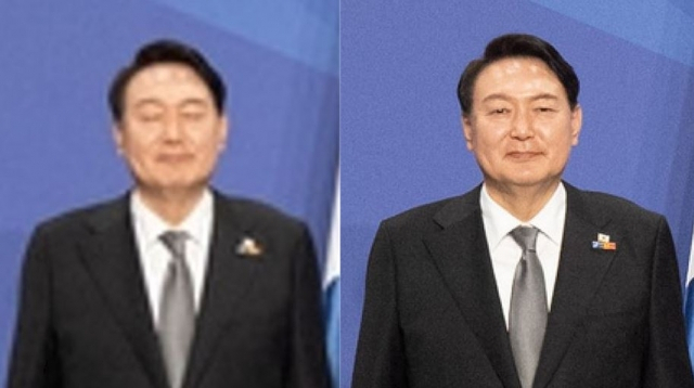 변경전 눈을 감은 상태의 윤석열 대통령(왼쪽), 변경 후 눈을 뜨고 있는 상태의 윤석열 대통령(오른쪽) [나토 공식 홈페이지]