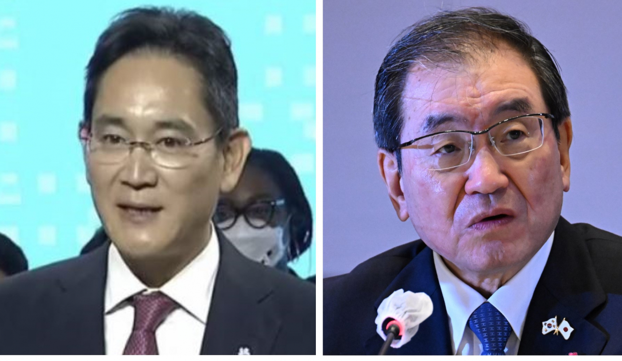 이재용 삼성전자 부회장(왼쪽)과 도쿠라 마사카즈 게이단렌 회장. [헤럴드경제DB]