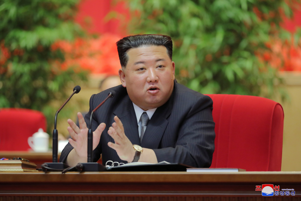 North Korean leader Kim Jong-un addresses a special workshop at the April 25 House of Culture in Pyongyang for officials in the party life guidance sections of organizational departments of party committees at all levels of the Workers' Party of Korea, in this undated photo released on Thursday, by the North's official Korean Central News Agency. According to the KCNA, the workshop, held from July 2-6 and the first of its kind, "is of important and practical significance in establishing the Party Central Committee's monolithic leadership system more thoroughly across the Party and society." (KCNA)