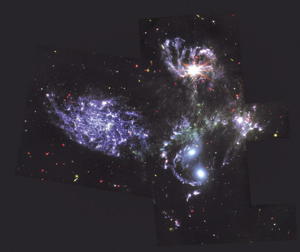 근적외선카메라(NIRCam)와 중적외선 장비(MIRI)로 촬영한 스테판의 오중주. [NASA 제공]