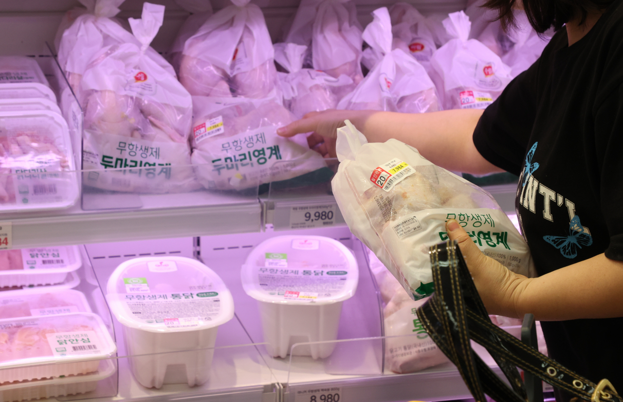 지난 12일 서울 시내 한 대형마트에서 시민들이 닭을 비롯한 축산물을 고르고 있다. [연합]