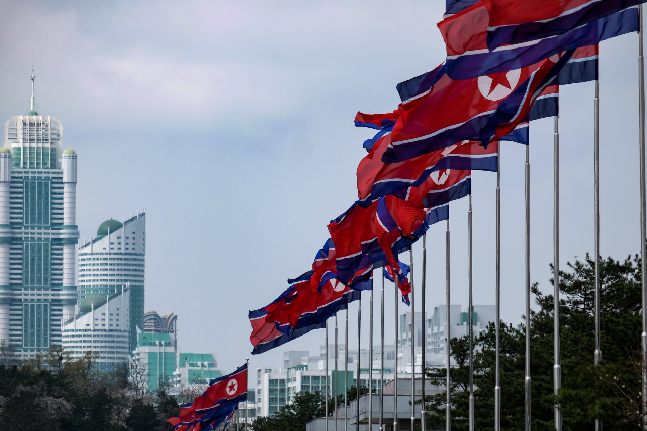 North Korean flags at the Kumsusan Palace of the Sun where the embalmed bodies of Kim Il-sung and Kim Jong-il are displayed. Photo taken in Pyongyang, North Korea on April 15 2018. (Getty Images)